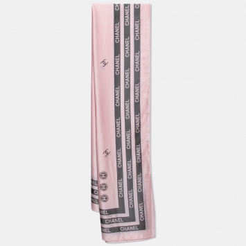 Pre Owned Chanel Light Pink Logo Printed Silk Scarf