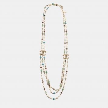 Pre Owned Chanel CC Multi Gemstone Beads Faux Pearl Gold Tone Long Necklace