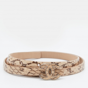 Pre Owned Chanel Beige/Brown Snakeskin Leather Thin CC Buckle Belt 75 CM