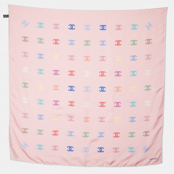 Pre Owned Chanel Pink CC Printed Silk Square Scarf