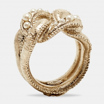 Pre Owned Chanel Pale Gold Tone Faux CC Chain Link Cocktail Ring Size 52.5