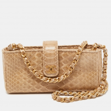 Pre Owned Chanel Light Gold Python O-Phone Holder Chain Pouch