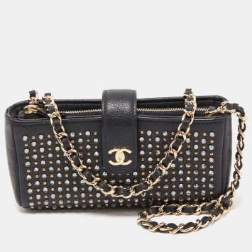 Pre Owned Chanel Black Leather Crystals Embellished O-Phone Holder Chain Pouch