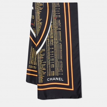 Pre Owned Chanel Black Departures Board Printed Silk Square Scarf