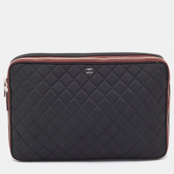 Pre Owned Chanel Black Quilted Nylon Laptop Sleeve