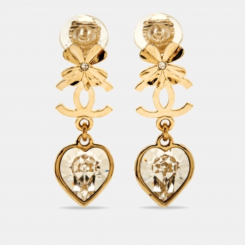 Pre Owned Chanel Clover Heart Crystal Gold Tone Clip-on Drop Earrings
