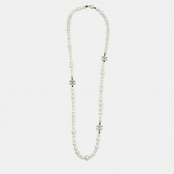 Pre Owned Chanel CC Crystals Faux Pearl Gold Long Necklace