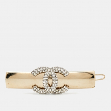 Pre Owned Chanel Crystal Embellished CC Gold Tone Hair Clip Barrette