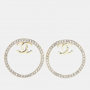 Pre Owned Chanel CC Crystals Gold Tone Earrings