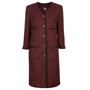 Pre Owned Chanel Red Knee Length Tweed Jacket XXL