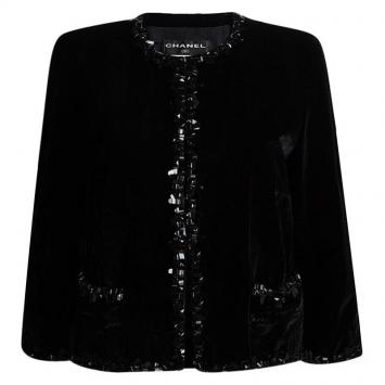 Pre Owned Chanel Black Velvet Trim Embellished Boucle Jacket XXL