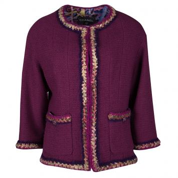 Pre Owned Chanel Purple Textured Wool Contrast Trim Detail Jacket XXL