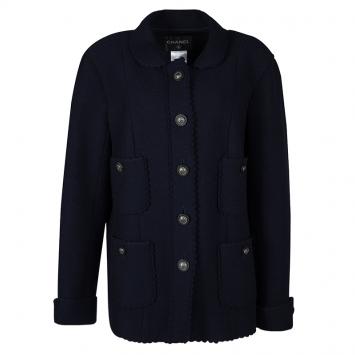 Pre Owned Chanel Navy Blue Wool Scallop Trim Detail Jacket XXL