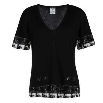 Pre Owned Chanel Black Cashmere Textured Trim V-Neck Short Sleeve Sweater XL