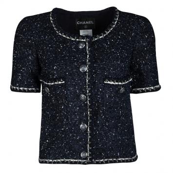 Pre Owned Chanel Navy Blue Textured Short Sleeve Jacket S