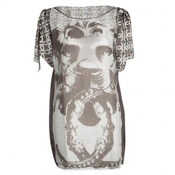 Pre Owned Chanel Brown and White Lion Printed Cold Shoulder Tie Detail Top L