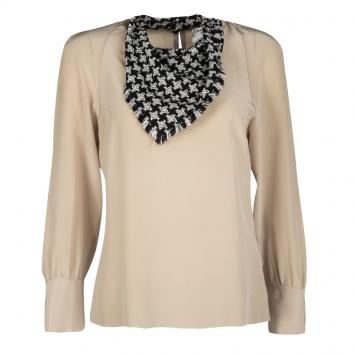Pre Owned Chanel Beige Silk Faux Houndstooth Scarf Detail Long Sleeve Top M