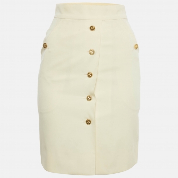 Pre Owned Chanel Boutique Cream Wool Button Detail Pencil Skirt S