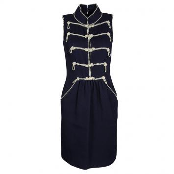 Pre Owned Chanel Navy Blue Textured Pearl Embellished Sleeveless Dress S