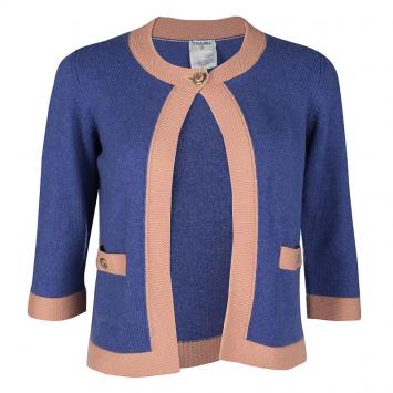 Pre Owned Chanel Blue Contrast Trim Cashmere Cardigan S