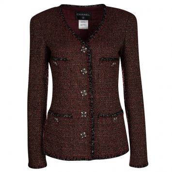 Pre Owned Chanel Red Lurex Knit Contrast Trim Detail Button Front Jacket M