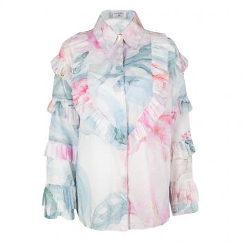 Pre Owned Chanel Multicolor Floral Watercolor Print Ruffle Detail Long Sleeve Cotton Blouse L