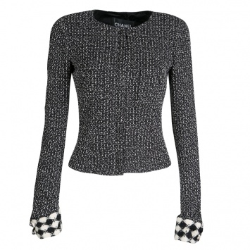 Pre Owned Chanel Monochrome Textured Silk Zip Front Jacket S