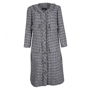Pre Owned Chanel Grey Checkered Tweed Chain Embellished Buttoned Dress Coat XL