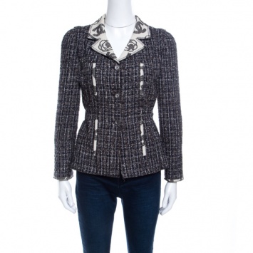مملوكة مسبقًا Chanel Vintage Navy Blue and Brown Textured Tie Detail Contrast Trim Buttoned Jacket M