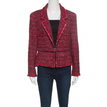 Pre Owned Chanel Red Textured Wool Belted Jacket L