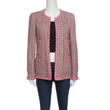 Pre Owned Chanel Vintage Multicolor Textured Contrast Trim Boucle Jacket M