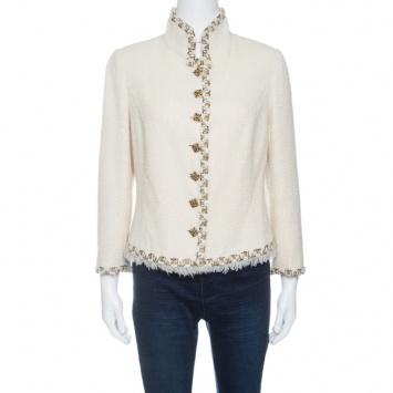 Pre Owned Chanel Cream Textured Wool Lurex Trim Detail Frayed Hem Jacket L