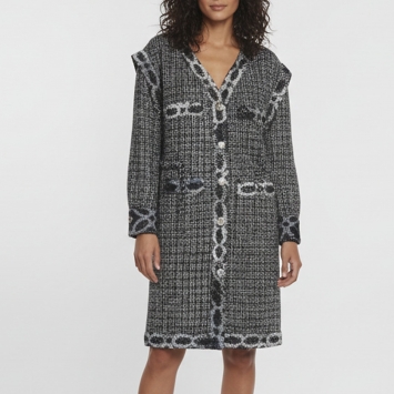 Pre Owned Chanel Silver/Black Tweed V-Neck Button-Up Coat S