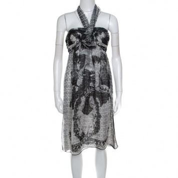 Pre Owned Chanel Monochrome CC Printed Dotted Silk Halter Dress S