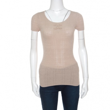 Pre Owned Chanel Beige Perforated Rib Knit Logo Applique Detail Fitted Top S