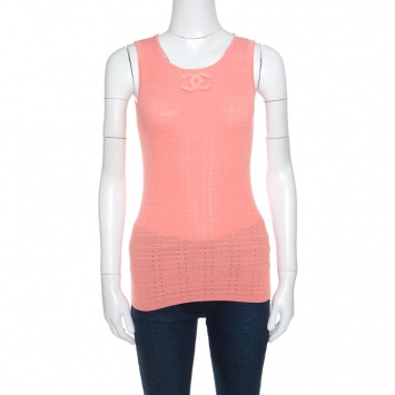 Pre Owned Chanel Peach Perforated Rib Knit Logo Applique Detail Sleeveless Tank Top M