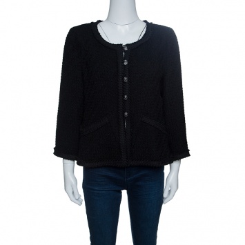 مملوكة مسبقًا Chanel Black Textured Wool Frayed Trim Jacket L