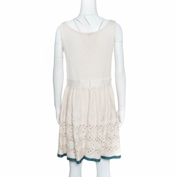 Pre Owned Chanel Cream Crochet Knit Sleeveless Fit and Flare Dress L