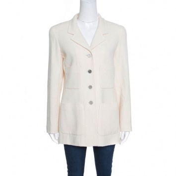 Pre Owned Chanel Vintage Cream Textured Wool Jacket S