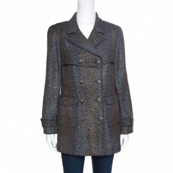 Pre Owned Chanel Textured Ombre Chevron Pattern Double Breasted Blazer M