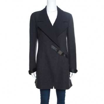 Pre Owned Chanel Vintage Charcoal Grey Leather Trim Buckle Detail Double Breasted Coat M