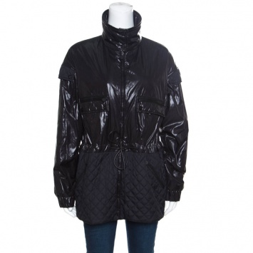 Pre Owned Chanel Black Quilted Paneled Tie Detail Zip Front Jacket M