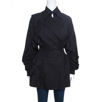 Pre Owned Chanel Black Nylon Smocked Waist Double Breasted Trench Coat M