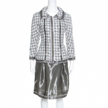 Pre Owned Chanel Grey and White Textured Lace Trim Jacket and Skirt Set M