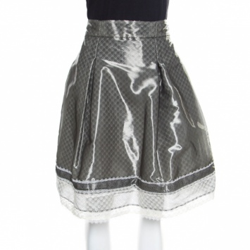 Pre Owned Chanel Grey and White Lace Trim Pleated Organza Skirt XL