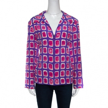 Pre Owned Chanel Purple and Pink Watercolor Motif Printed Silk Zip Front Blouse M