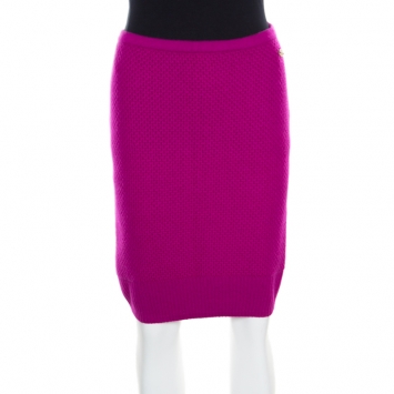 Pre Owned Chanel Fuschia Pink Textured Cashmere Knit Pencil Skirt M