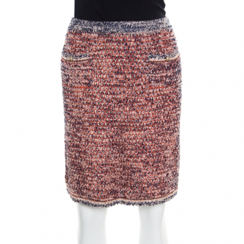 Pre Owned Chanel Navy Blue and Orange Textured Pencil Skirt L