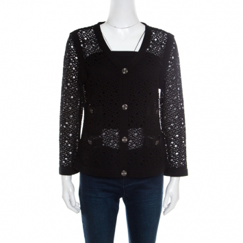 Pre Owned Chanel Black Perforated Knit Button Front Four Pocket Cardigan L