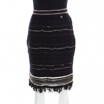 Pre Owned Chanel Black Wool and Mohair Embellished Fringe Bottom Pencil Skirt M